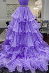 Evening Dresses 13, Purple Strapless Organza Long Prom Dress, Princess Quinceanera Dresses