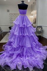 Evening Dresses Gold, Purple Strapless Organza Long Prom Dress, Princess Quinceanera Dresses