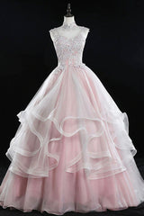 Homecomming Dresses Blue, Pink Tulle Lace Sweet 16 Dresses, Long Quinceanera Dresses