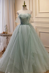 Cocktail Dress, Green Tulle Beaded Ball Gown Off Shoulder Party Dress, Green Sweet 16 Dress
