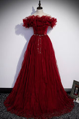 Party Dress For Ladies, Burgundy Tulle Long Prom Dresses, A-Line Off the Shoulder Evening Party Dresses