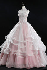 Homecomeing Dresses Blue, Pink Tulle Lace Sweet 16 Dresses, Long Quinceanera Dresses