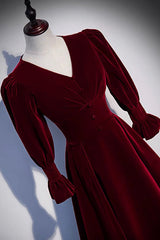 Party Dress And Style, Burgundy Velvet Long Prom Dresses, A-Line Long Sleeve Evening Dresses
