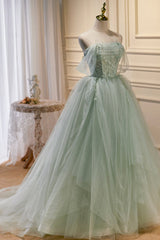 Mini Dress, Green Tulle Beaded Ball Gown Off Shoulder Party Dress, Green Sweet 16 Dress