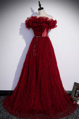 Party Dresses For Ladies, Burgundy Tulle Long Prom Dresses, A-Line Off the Shoulder Evening Party Dresses