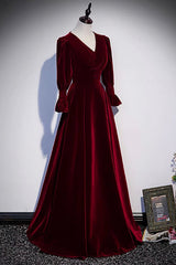 Party Dress Brands Usa, Burgundy Velvet Long Prom Dresses, A-Line Long Sleeve Evening Dresses