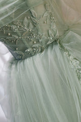 Black Wedding Dress, Green Tulle Beaded Ball Gown Off Shoulder Party Dress, Green Sweet 16 Dress
