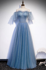 Light Blue Dress, Blue Tulle Beading Long Prom Dresses, A-Line Evening Party Dresses