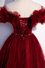 Party Dresses Europe, Burgundy Tulle Long Prom Dresses, A-Line Off the Shoulder Evening Party Dresses