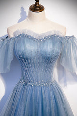 Ruffle Dress, Blue Tulle Beading Long Prom Dresses, A-Line Evening Party Dresses