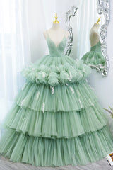Prom Dress Blue Long, Green V-Neck Layers Tulle Long Ball Gown, A-Line Formal Gown