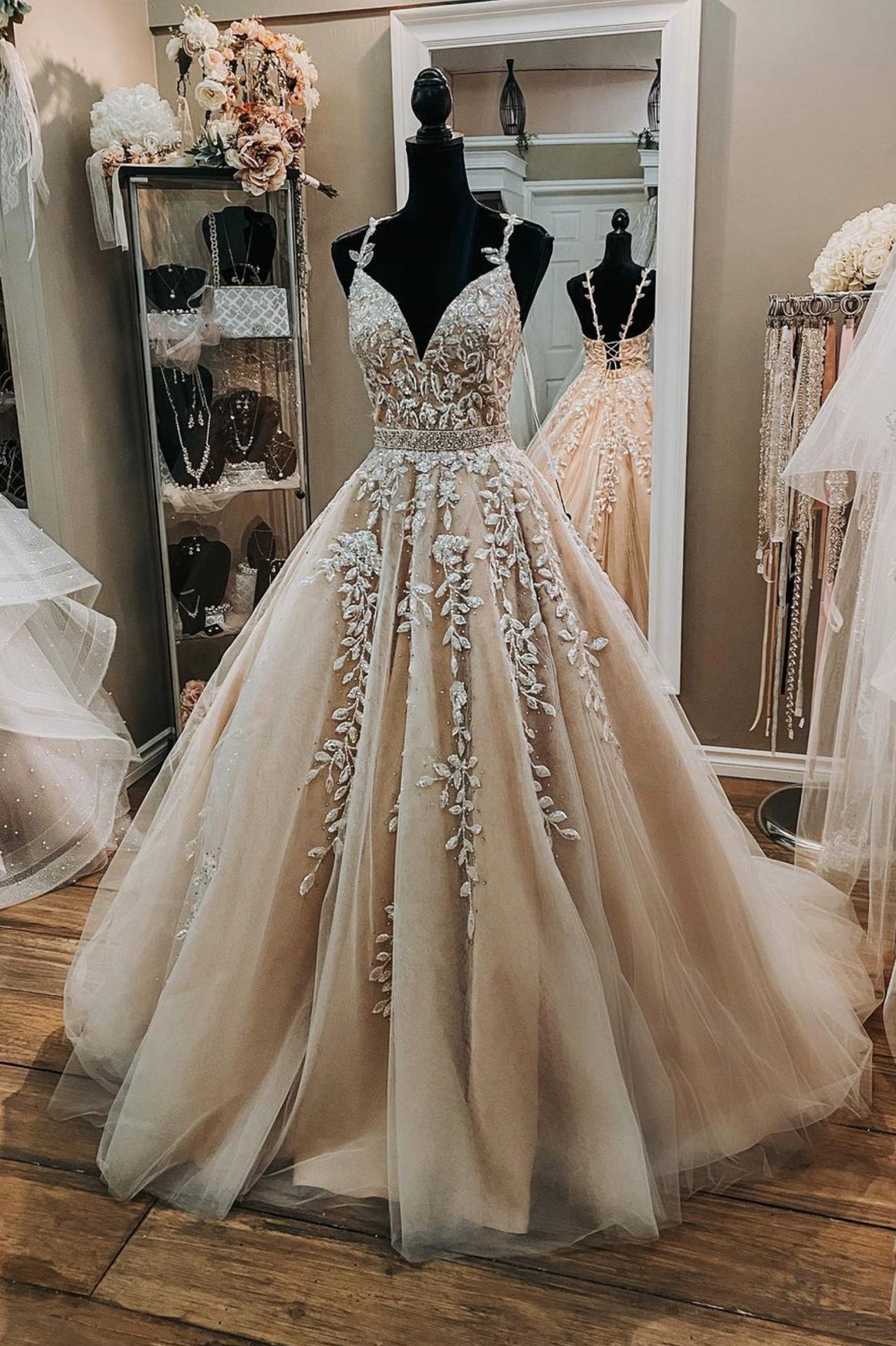 Flower Girl, Champagne Tulle Lace Long Prom Dresses, A-Line Formal Evening Dresses