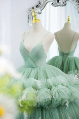 Prom Dress Off The Shoulder, Green V-Neck Layers Tulle Long Ball Gown, A-Line Formal Gown