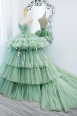 Prom Dress Long Quinceanera Dresses Tulle Formal Evening Gowns, Green V-Neck Layers Tulle Long Ball Gown, A-Line Formal Gown