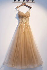 Cute Summer Dress, Yellow Tulle Lace Long Prom Dress, A-Line Lace Evening Dress