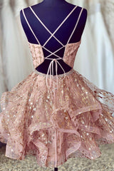 Beauty Dress Design, Pink V-Neck Tulle Short Prom Dresses, A-Line Mini Party Dresses