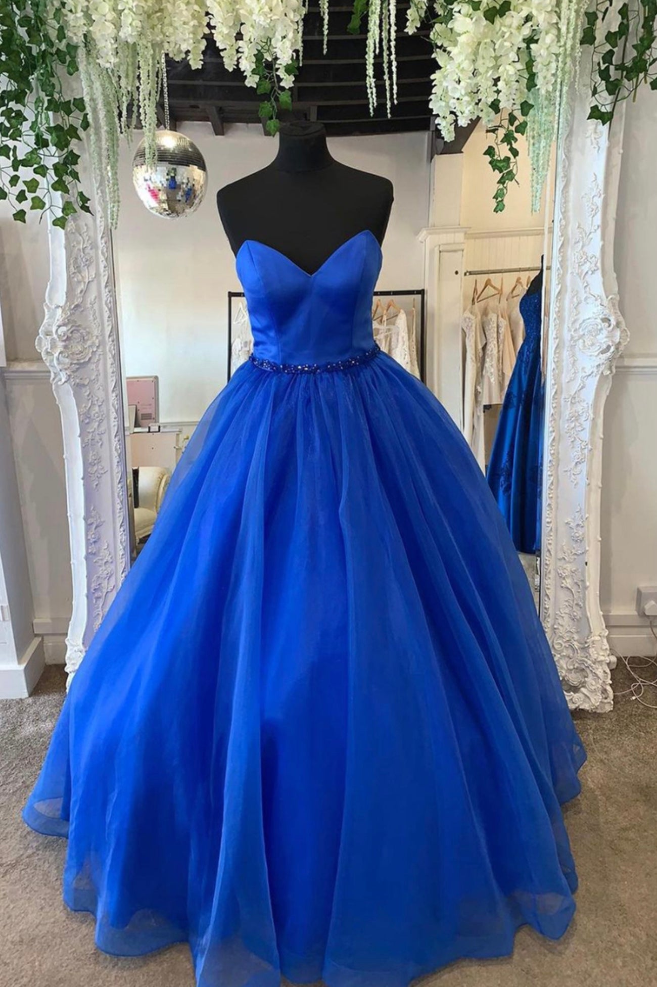 Flowy Prom Dress, Blue Strapless Tulle Long Prom Dresses, A-Line Evening Dresses
