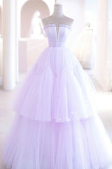 Evening Dress Sleeve, Purple Strapless Tulle Long Formal Gown, Purple A-Line Evening Dress