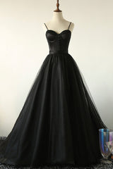 Prom Dresses For Girls, Black A-Line Spaghetti Strap Long Prom Dresses, Black Evening Dresses