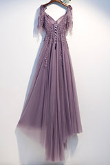 Evening Dress Petite, Purple Tulle Lace Long Prom Dresses, A-Line Evening Party Dresses