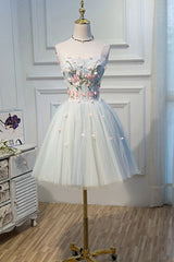 Prom Dress Cute, Lovely Strapless Tulle Lace Knee Length Prom Dress, A-Line Party Dress