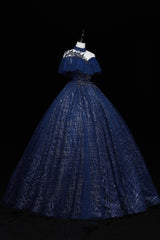 Formal Dress Store Near Me, Blue Tulle Sequins Long Ball Gown, Elegant A-Line Formal Gown