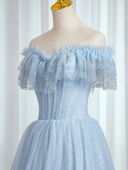 Senior Prom Dress, Blue Sweetheart Beaded Off the Shoulder Prom Dress, A-Line Blue Evening Dress