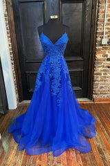 Formal Dresses For Wedding Guests, Blue Tulle Lace Long Prom Dress, V-Neck Formal Evening Dress