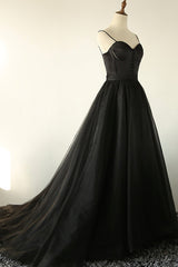 Prom Dress Stores, Black A-Line Spaghetti Strap Long Prom Dresses, Black Evening Dresses