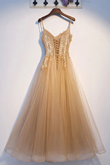 Formal Dress Short, Yellow Tulle Lace Long Prom Dress, A-Line Lace Evening Dress