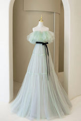 Prom Dresses For Kids, Green Tulle Floor Length Prom Dress, A-Line Off Shoulder Evening Dress