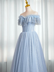 Elegant Gown, Blue Sweetheart Beaded Off the Shoulder Prom Dress, A-Line Blue Evening Dress