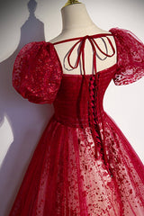 Modest Dress, Burgndy Tulle Short Sleeve Formal Evening Dress, A-Line Long Prom Dress