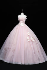 Prom Dresses Guide, Lovely Pink Tull Applique Ball Gown Formal Dress, Pink Sweet 16 Dress