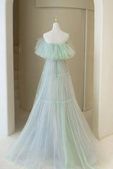 Hoco Dress, Green Tulle Floor Length Prom Dress, A-Line Off Shoulder Evening Dress