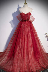 Party Dresses For Girls, Burgundy Sweetheart Neckline Tulle Long Prom Dress, A-Line Evening Dress