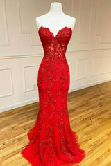Evening Dress Shop, Red Strapless Lace Long Prom Dress, Mermaid Evening Dress