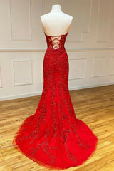 Evening Dresses Store, Red Strapless Lace Long Prom Dress, Mermaid Evening Dress