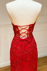 Evening Dresses Short, Red Strapless Lace Long Prom Dress, Mermaid Evening Dress