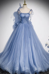 Evening Dresses Ball Gown, Blue Spaghetti Strap Tulle Long Dress, Blue Evening Dress with Bow
