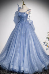 Evening Dresses Fitted, Blue Spaghetti Strap Tulle Long Dress, Blue Evening Dress with Bow
