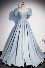 Evening Dresses Designer, Blue Satin Pearl Long Prom Dress, Blue A-Line Short Sleeve Evening Dress