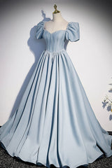 Evening Dress Designers, Blue Satin Pearl Long Prom Dress, Blue A-Line Short Sleeve Evening Dress