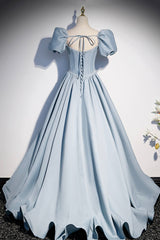 Evening Dress Designs, Blue Satin Pearl Long Prom Dress, Blue A-Line Short Sleeve Evening Dress