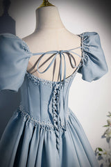 Evening Dress Designer, Blue Satin Pearl Long Prom Dress, Blue A-Line Short Sleeve Evening Dress