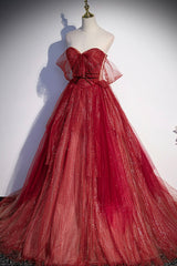 Party Dress Roman, Burgundy Sweetheart Neckline Tulle Long Prom Dress, A-Line Evening Dress