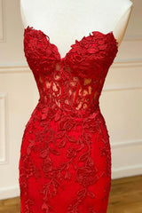 Evening Dress Ideas, Red Strapless Lace Long Prom Dress, Mermaid Evening Dress