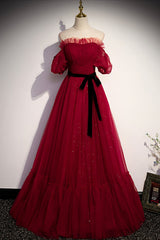 Party Dresses For Summer, Burgundy Tulle Long Prom Dresses, A-Line Evening Dresses