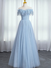 Dress Formal, Blue Sweetheart Beaded Off the Shoulder Prom Dress, A-Line Blue Evening Dress