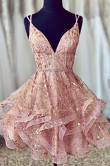 Bridesmaid Gown, Pink V-Neck Tulle Short Prom Dresses, A-Line Mini Party Dresses